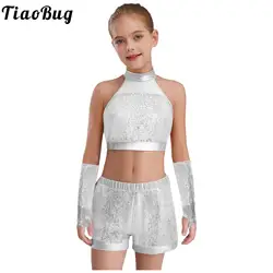 Traje jazz hip hop con lentejuelas metálicas y borlas para niña