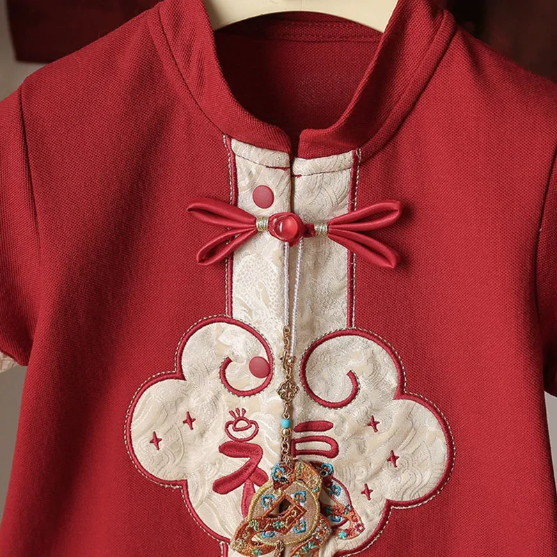 Ropa de verano para niña de 0 a 6 meses, monos bordados de manga corta rojos de estilo chino, trajes para niño pequeño B286 - imagen 3