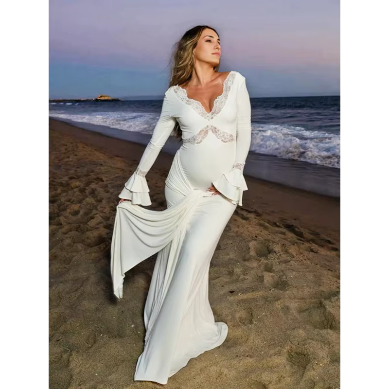Vestido de maternidad con encaje blanco – Escote V y manga larga - imagen 2