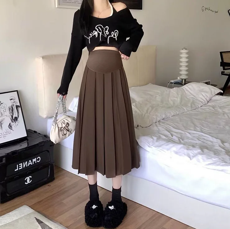 Nuevo Otoño Invierno plisado grueso cálido faldas de maternidad cintura elástica vientre ropa Casual para mujeres embarazadas embarazo - imagen 4