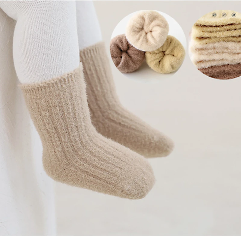 3 pares de calcetines cálidos de invierno para niños y niñas, accesorios para bebés recién nacidos, calcetines sólidos con bloqueo de calor para niños