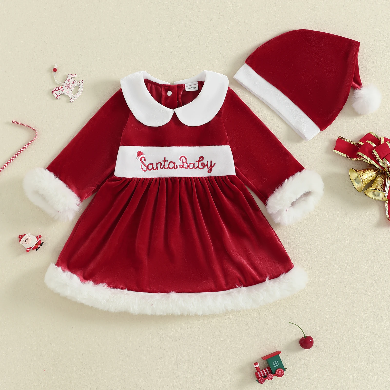 Suefunskry Traje de Navidad para niñas y niños, vestido de terciopelo de manga larga con cuello de muñeca y sombrero de Papá Noel, conjunto de invierno de princesa - imagen 5