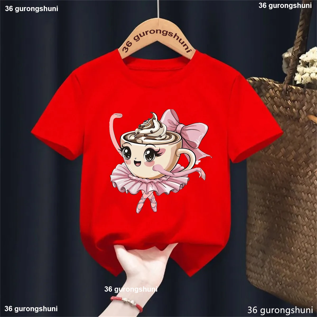 Bailarina capuchino saludo café bailarina de Ballet Rosa arco impreso camiseta niñas divertido amante de la danza ropa para niños camiseta de verano - imagen 5