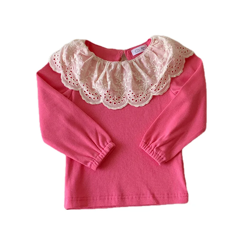 Camisetas Blusa de encaje para niñas Cuello con volantes Top de manga larga Capa base estilo princesa para bebés Ropa para niños - imagen 5