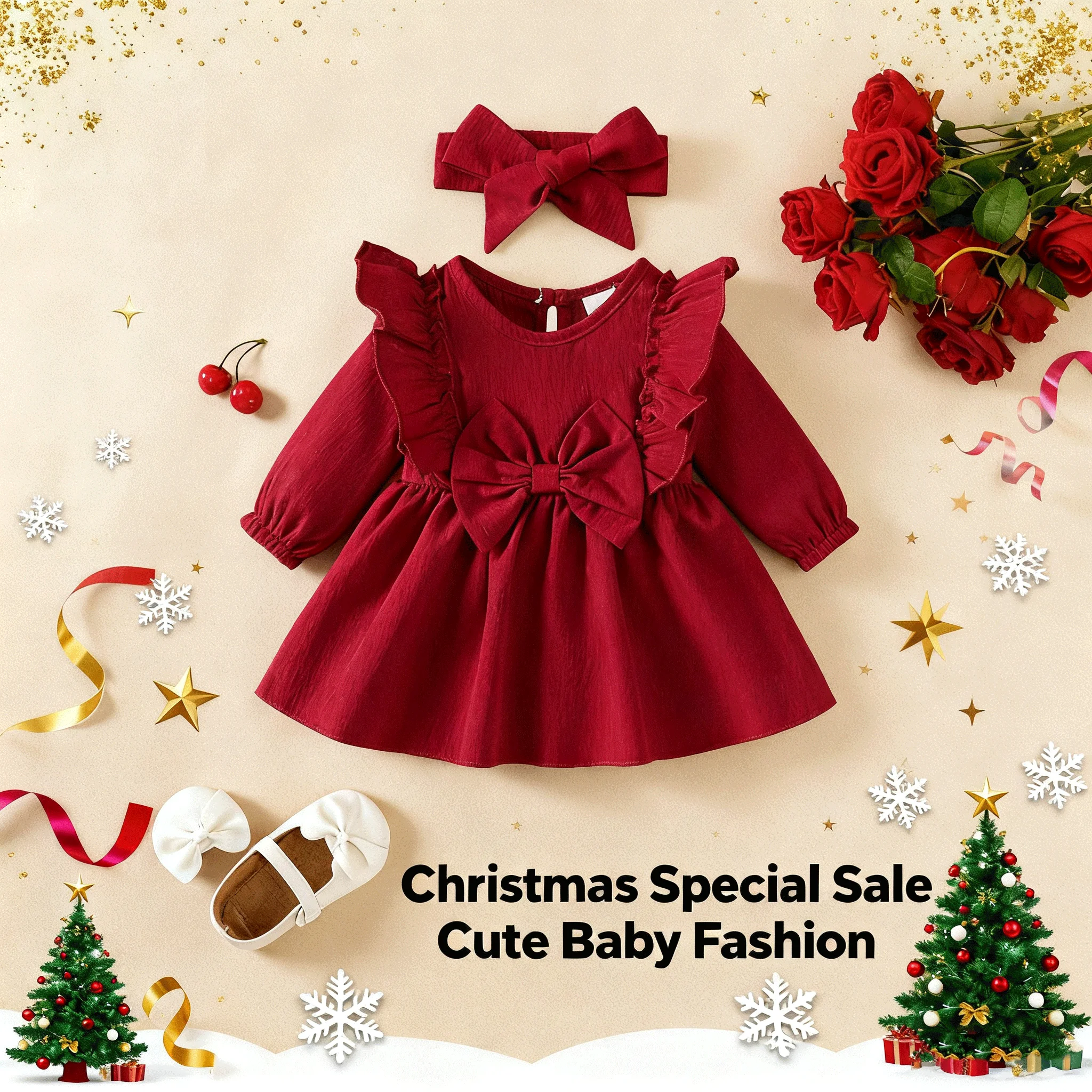 Vestido navideño de princesa de manga larga con lazo y diadema - imagen 3