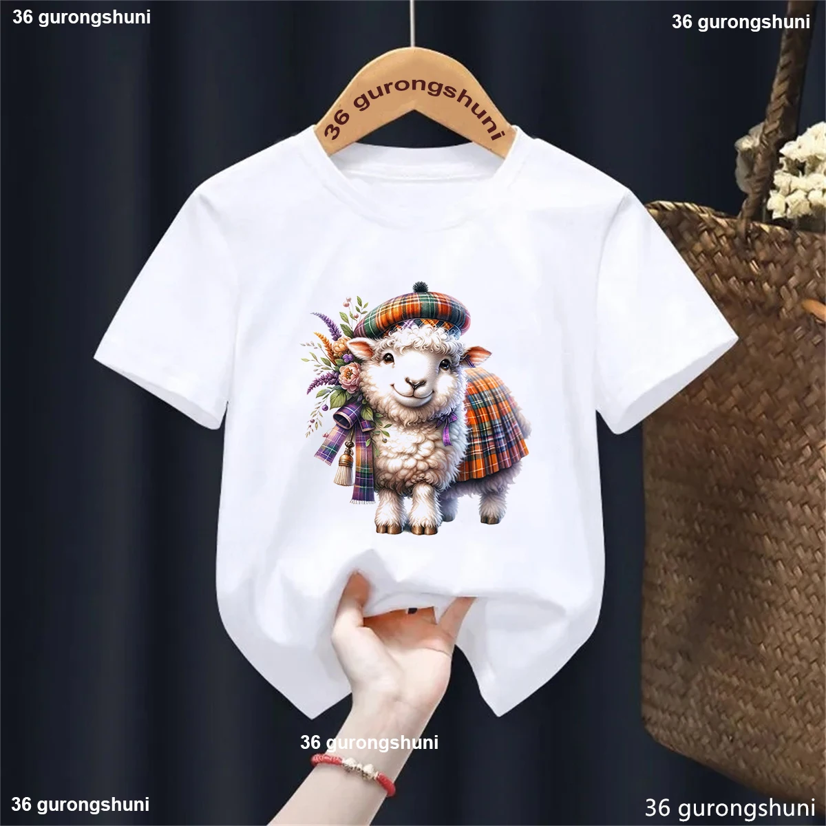 Camiseta con estampado de animales de oveja escocesa para niñas/niños, ropa divertida Kawaii para niños, camiseta blanca/rosa/azul, camiseta de moda de verano