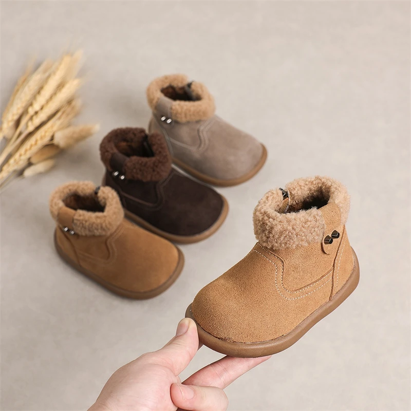 Botas de nieve de cuero genuino para bebés y niños, botas de felpa para niños, suela suave antideslizante para exteriores, zapatos para niños pequeños, Otoño Invierno