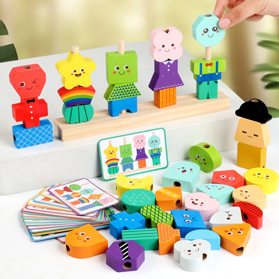 40 Uds. Bloques de construcción 30 tarjetas juego de expresión de madera cuerda de cuentas juguete de entrenamiento de atención para niños habilidades lógicas regalos de navidad - imagen 2