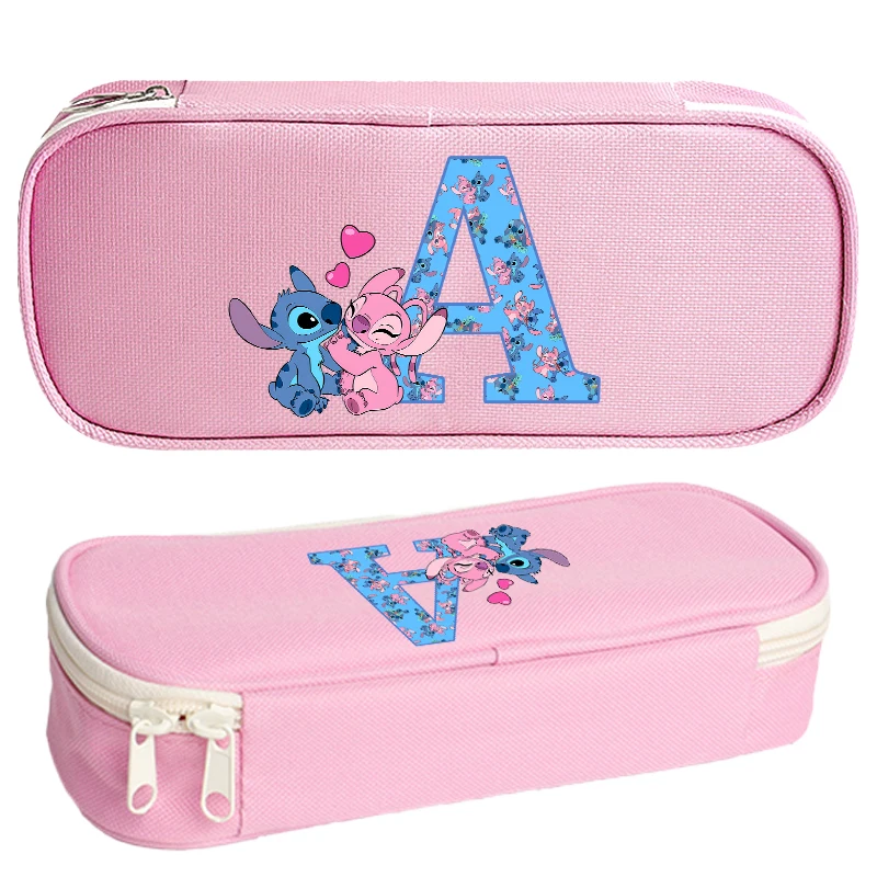 Caja de lápices con estampado de Stitch Disney para niñas, papelería con letras ABC, estuche de tela Oxford, suministros para estudiantes, regalos de dibujos animados para niños