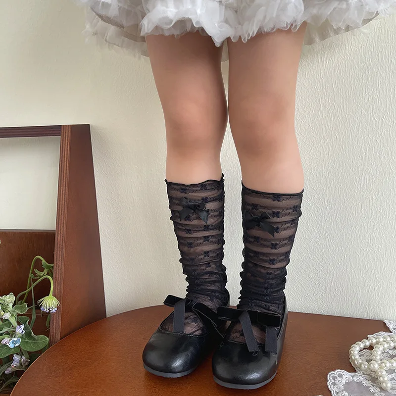 Nuevos calcetines de princesa de primavera para niños 1-11T dulce lazo de encaje 3 colores calcetines hasta la rodilla para niñas calcetines finos florales para niños en calcetines de tubo - imagen 2