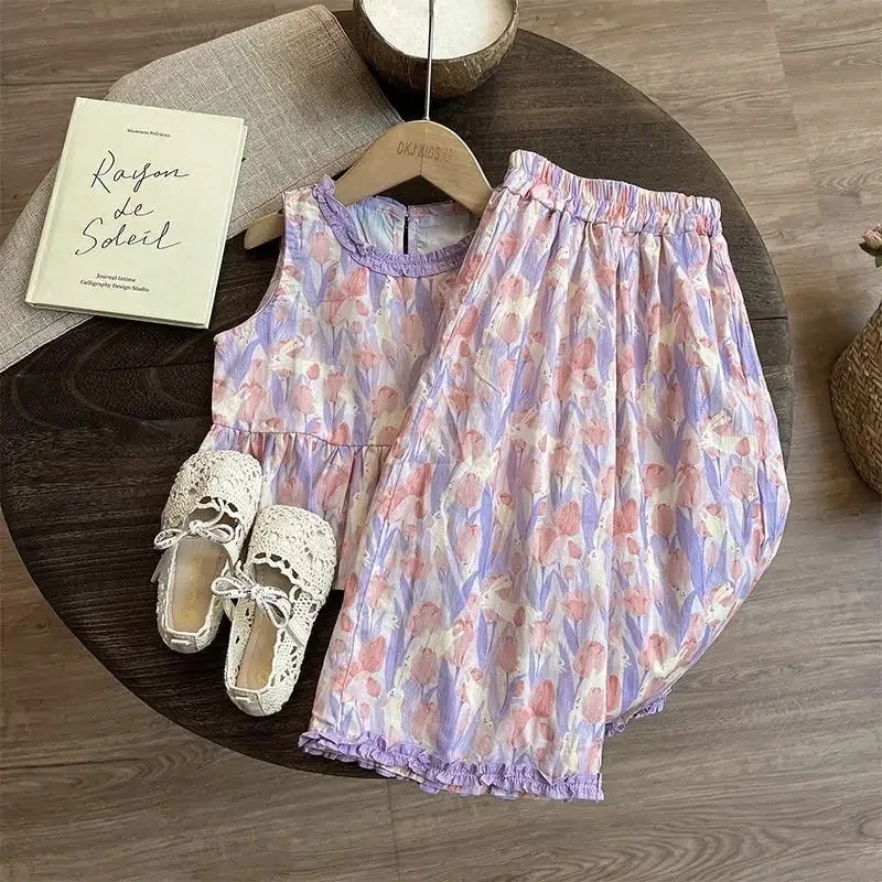 Conjunto niña top sin mangas floral y pantalón ancho veraniego