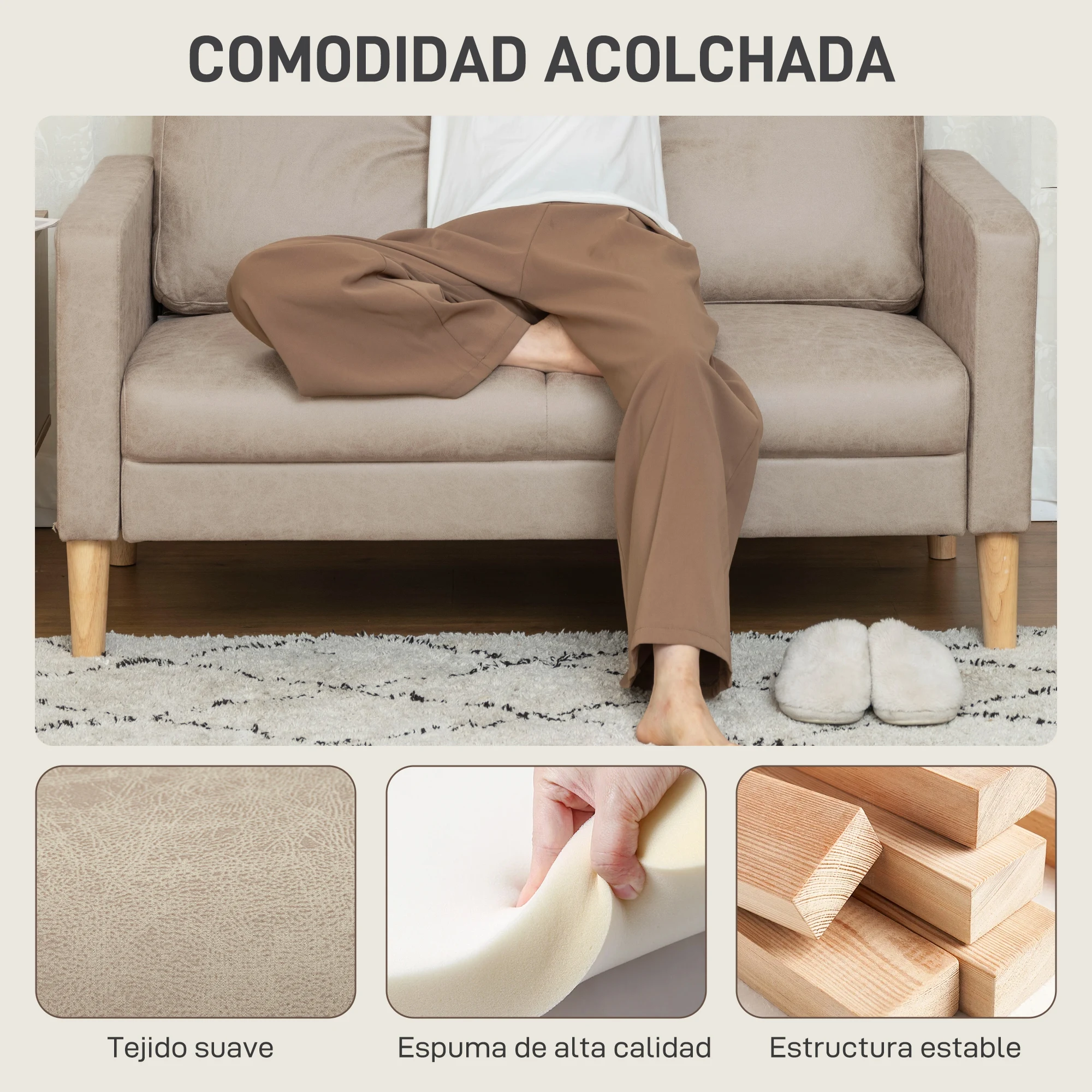 HOMCOM Sofá de 2 Plazas, Tapizado en Microfibra, Sofá Moderno con Patas de Madera, Reposabrazos, para Salón, Dormitorio, Oficina, Sala de Estar, 130x78x85 cm - imagen 4