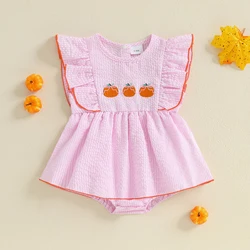 Pelele de Halloween para niña de 0 a 18 meses, vestido a rayas con bordado de calabaza, mono de manga voladora, ropa infantil bonita