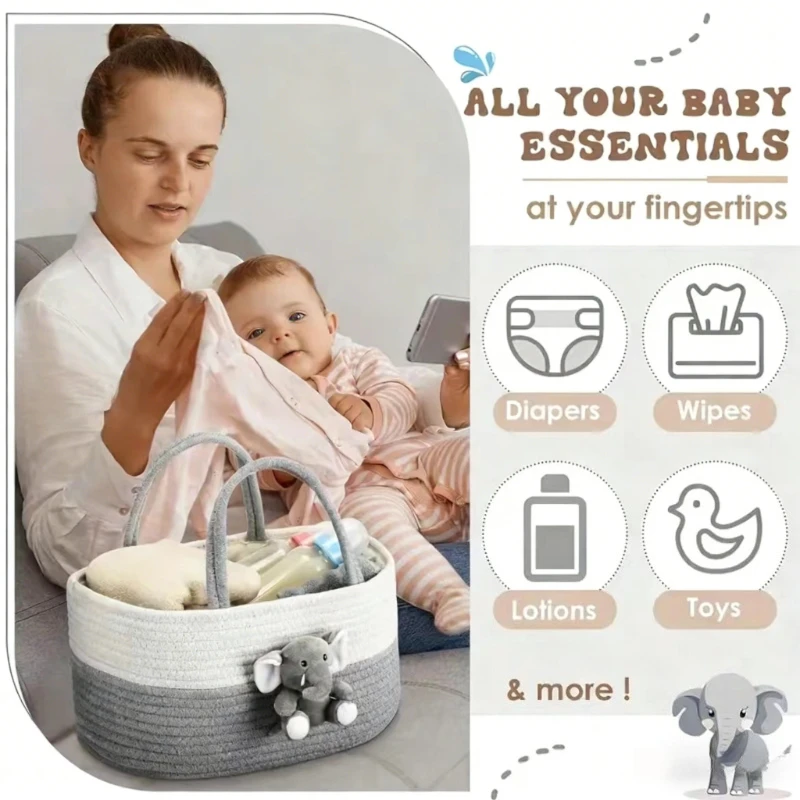 Organizador portátil para pañales, cesta de almacenamiento de cuerda de algodón de gran capacidad con asa, bolsa de viaje para cambiar pañales de bebé - imagen 4