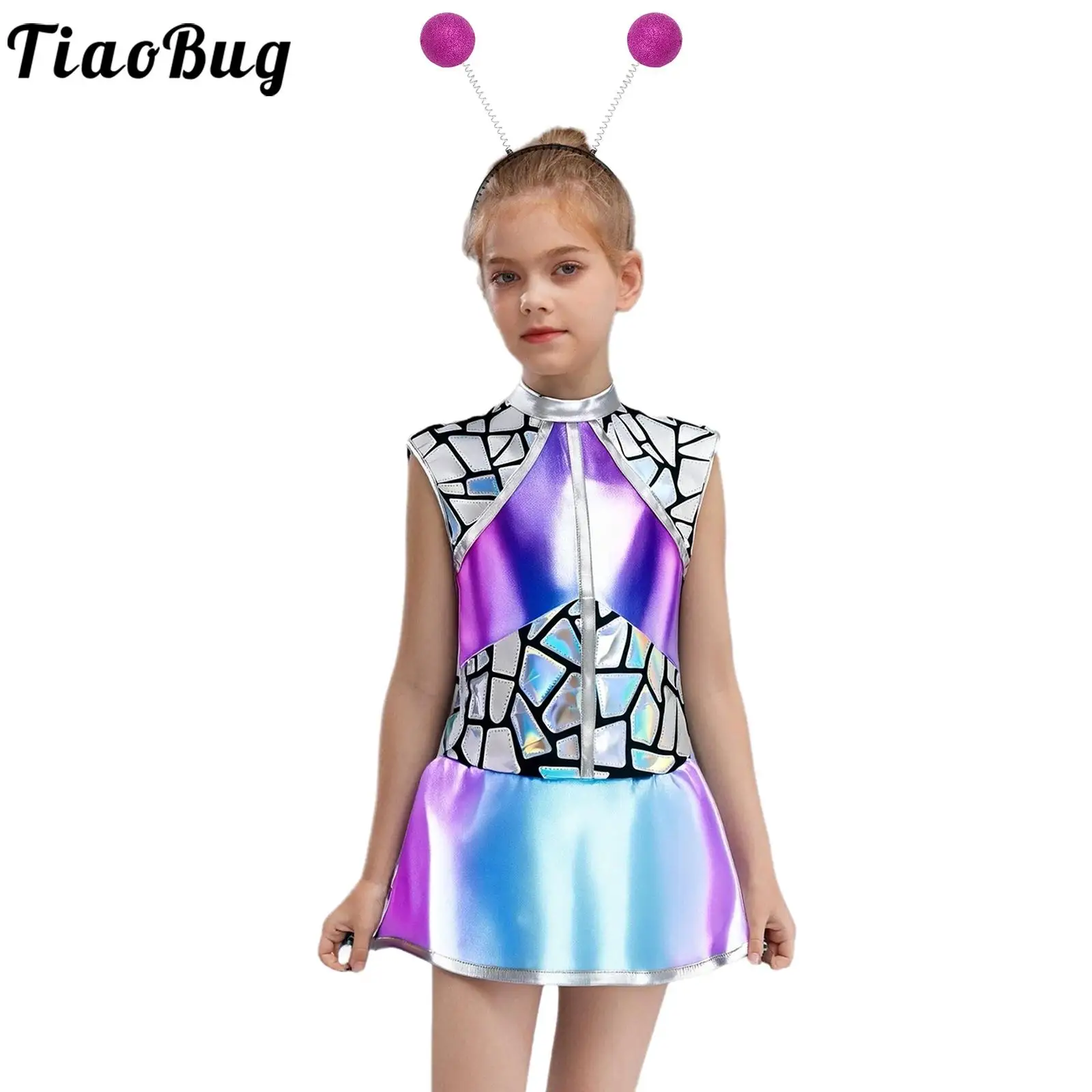 Disfraz de alien para niñas – Vestido metálico brillante con aro - imagen 3