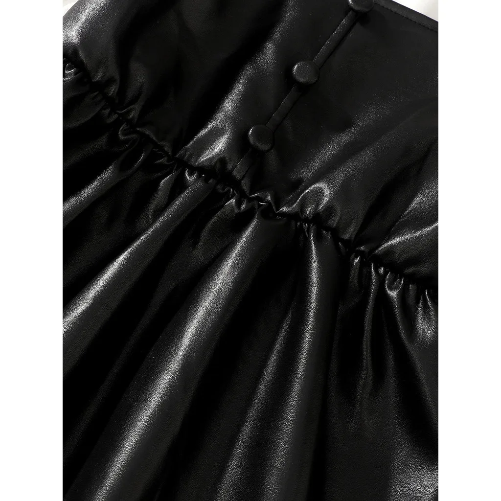 Conjunto de falda para niña, Top blanco de manga larga + falda de cuero negro, vestido coreano de moda para niñas de 4 a 7 años, 2 uds. - imagen 4