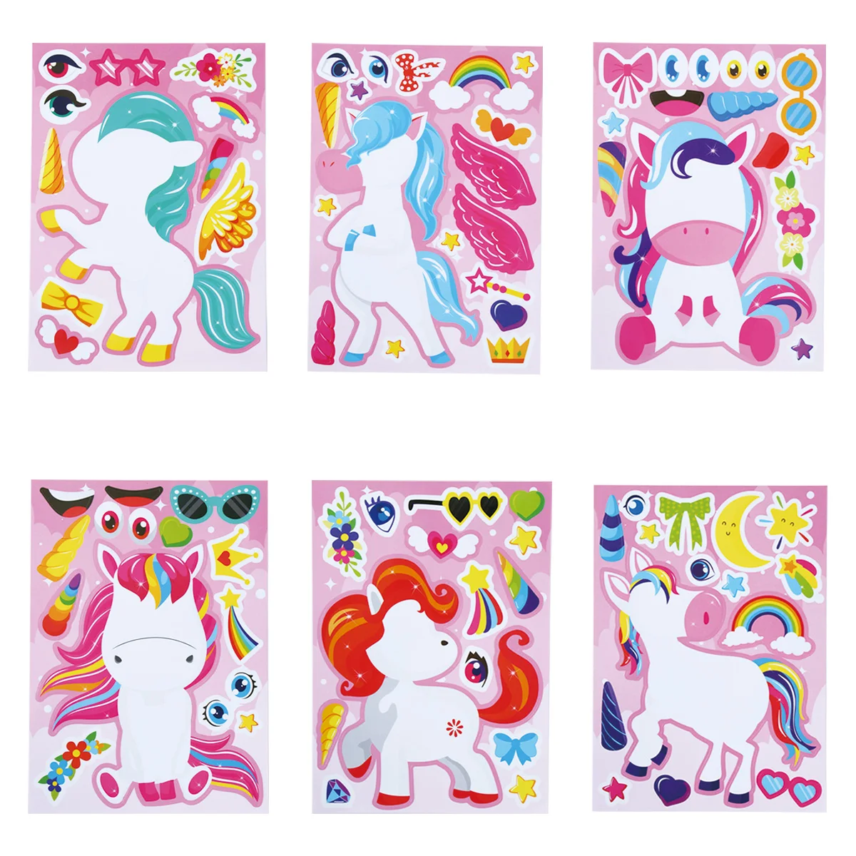 12 hojas de pegatinas de rompecabezas DIY de caballo arcoíris para niños, juegos de unicornio, fiesta de cumpleaños, hacer una cara, divertidas pegatinas de rompecabezas para montar, regalos - imagen 2