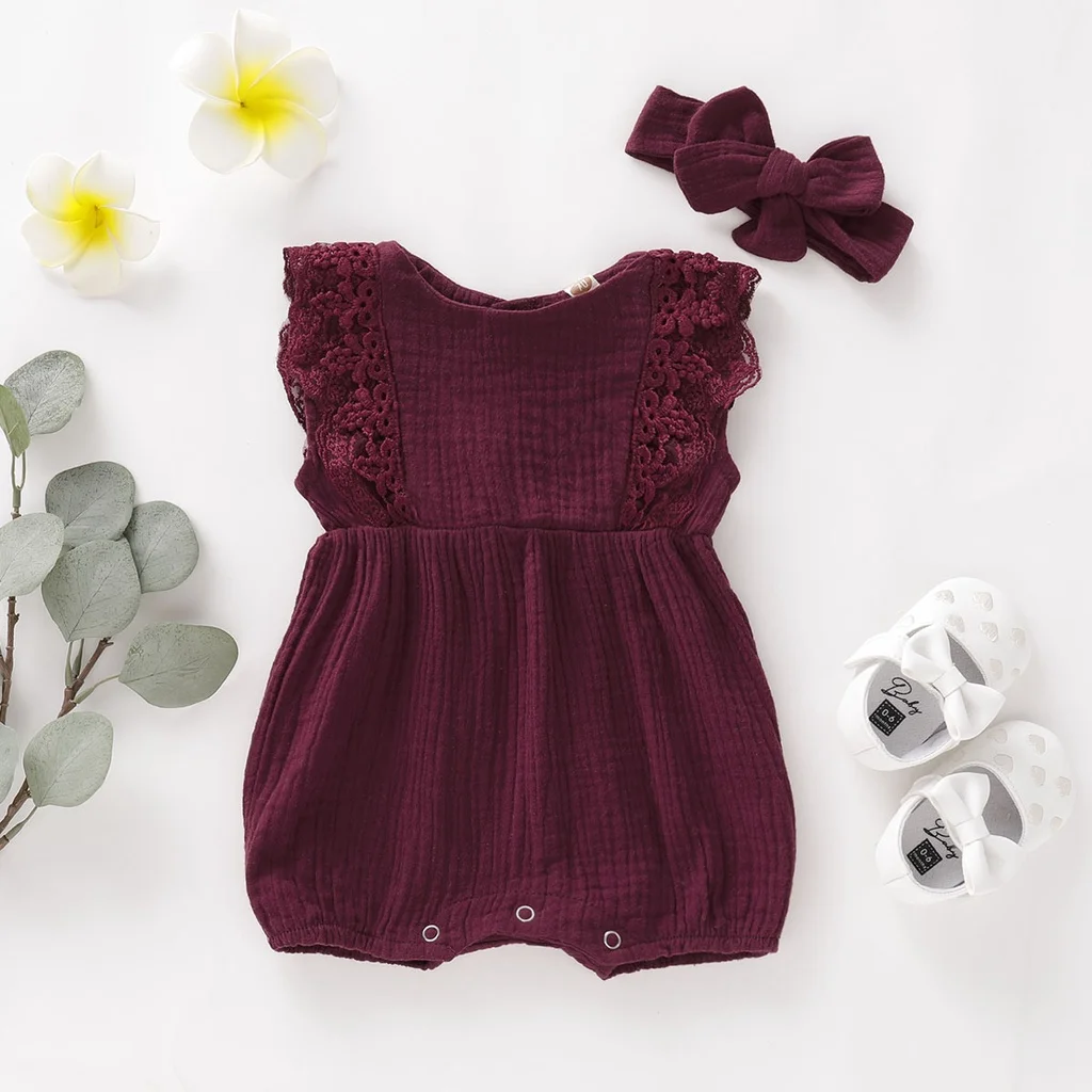 Pelele de encaje sin mangas para niña recién nacida, mono de 2 piezas con diadema, mono de ocio diario para niña pequeña de 0 a 18 meses - imagen 2