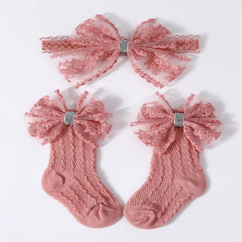 Lindo 1 Juego de calcetines con lazo para bebé, diademas para recién nacido, calcetines de punto cálidos de encaje suave, diademas para niñas y niños, calcetines medios nuevos - imagen 4