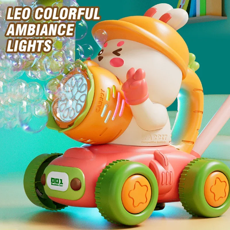Juguetes de burbujas de conejo, carrito de empuje para caminar, máquina sopladora de jabón Pomperos automática para exteriores, burbujas eléctricas ligeras, regalos de cumpleaños para niños - imagen 3