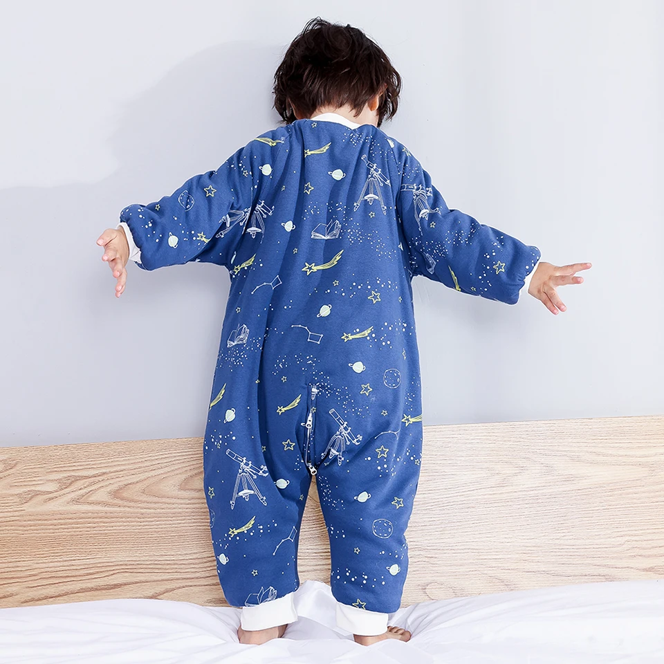Saco de dormir para bebé, estampado espacial azul marino para niños, algodón suave, sacos de dormir cálidos para otoño e invierno, ropa de dormir para niños con pierna abierta - imagen 2