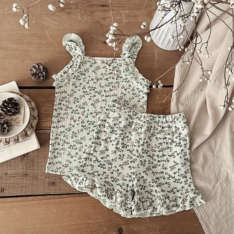 2025 verano 2 uds coreano con volantes sin mangas de punto con tirantes conjunto de ropa Floral para 0-4 años 100% algodón elegante correas chaleco traje - imagen 3