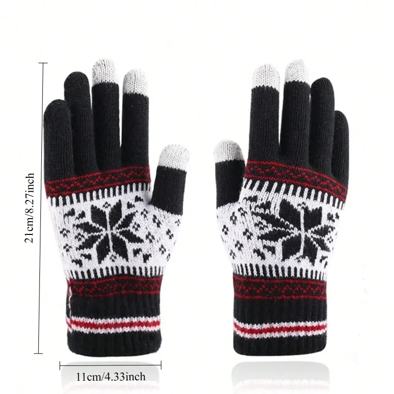 1 par de guantes de punto con pantalla táctil, patrón de copo de nieve, guantes de invierno de punto gruesos y cálidos con dedos completos para hombres y mujeres, guantes para parejas - imagen 3
