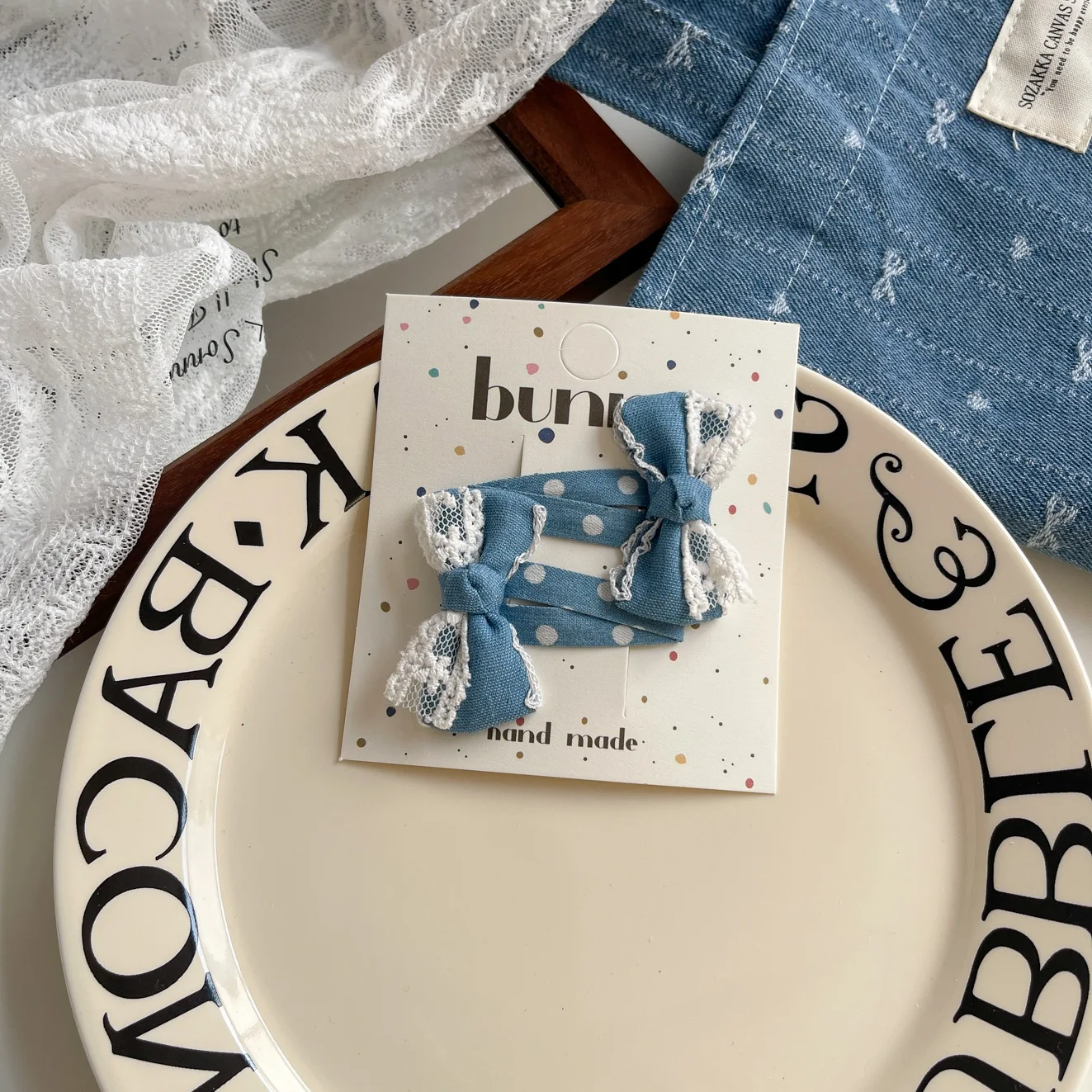 Nueva horquilla con lazo de encaje vaquero de color claro, tela bonita coreana, sombreros versátiles, accesorios para el cabello para niñas y niños - imagen 5