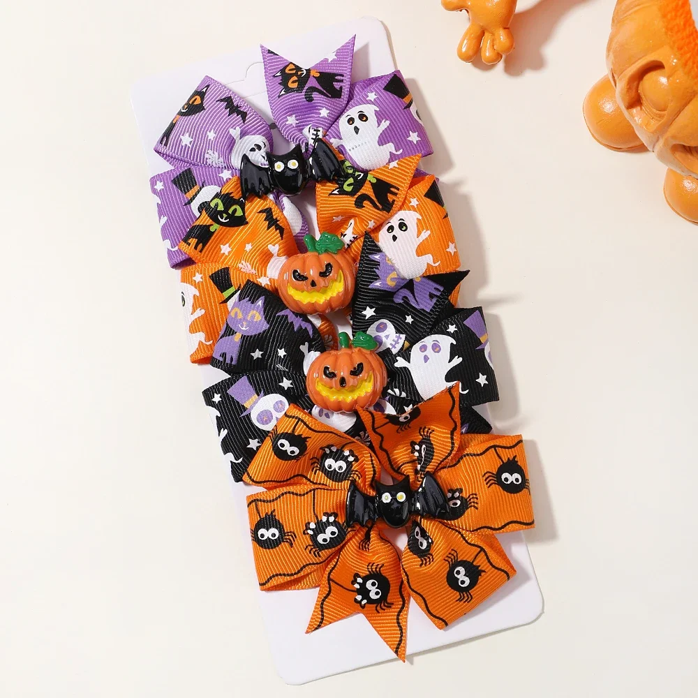 4 unids/set cinta de Halloween niños lazos horquilla para niña divertida calabaza horquilla animación Bowknot horquilla accesorios para el cabello