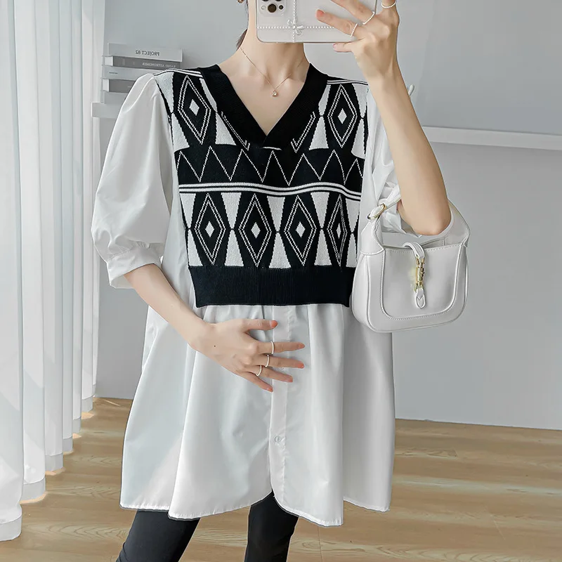 Camisa de maternidad manga larga de algodón – Estilo patchwork casual - imagen 2