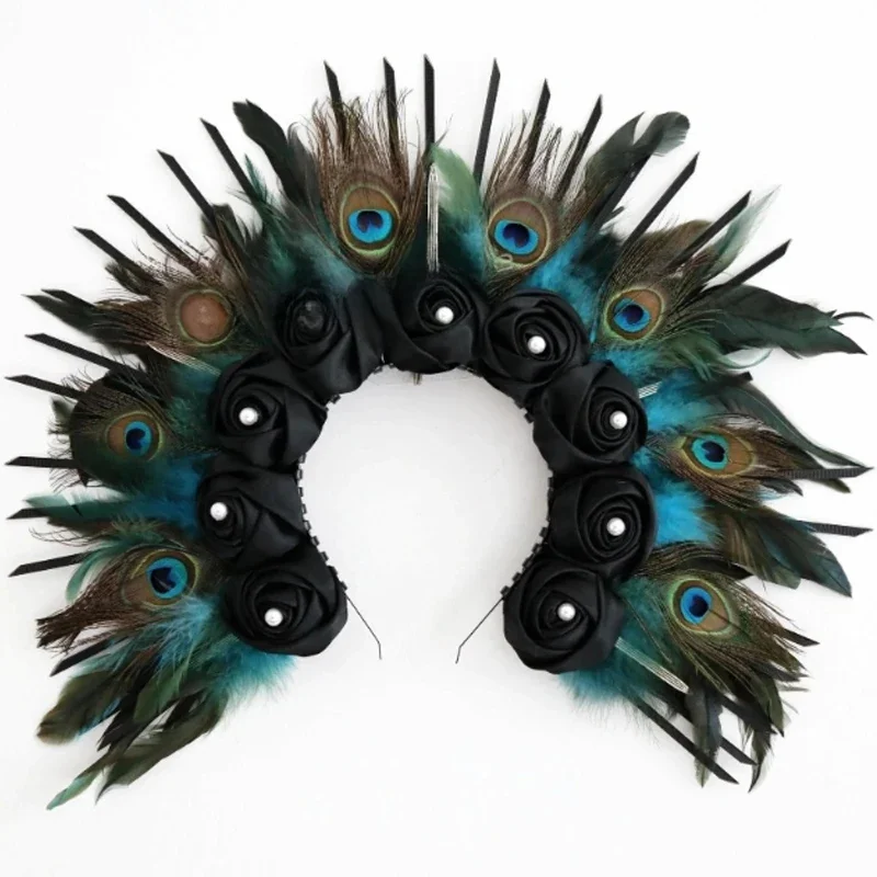 Diadema dorada con plumas de pavo real infantil elegante para niña - imagen 2