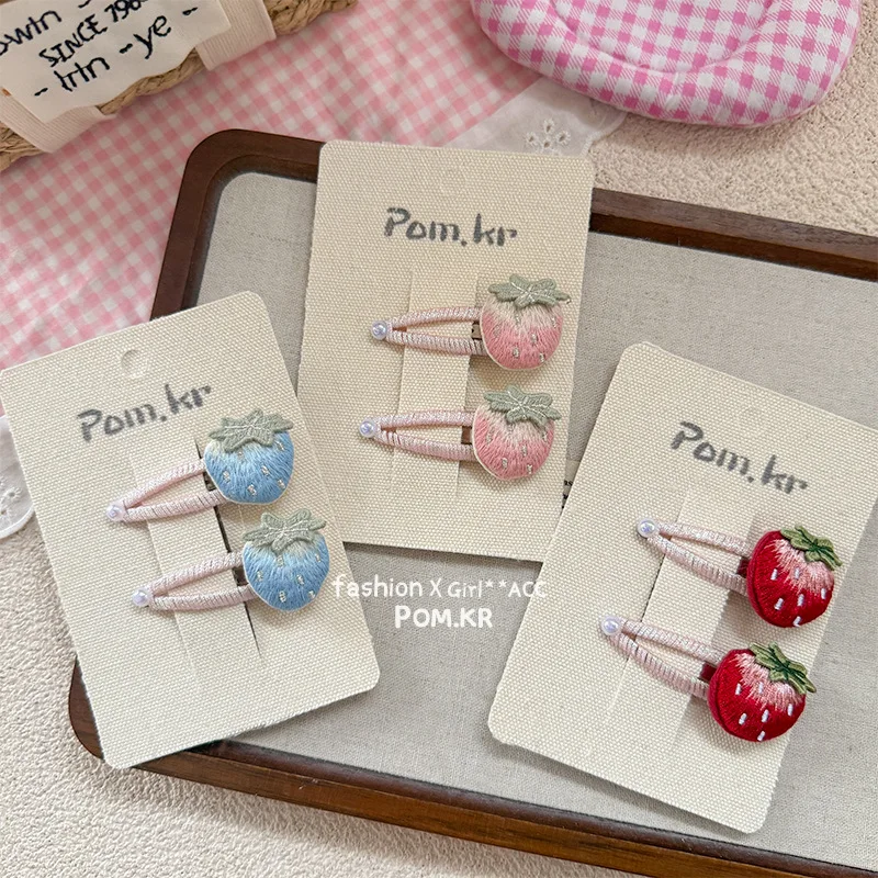 2 unids/set dulce moda fresa Clip de pelo para niña lindo bordado tela niños BB Clip sombreros para niños accesorios para el cabello