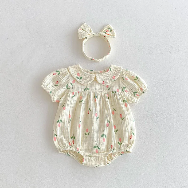 New Summer Infant Tulip Bodysuit with Hair Band 0-3T Cute Printing Flower Girls Shirt +Shorts Clothes Set - imagen 5