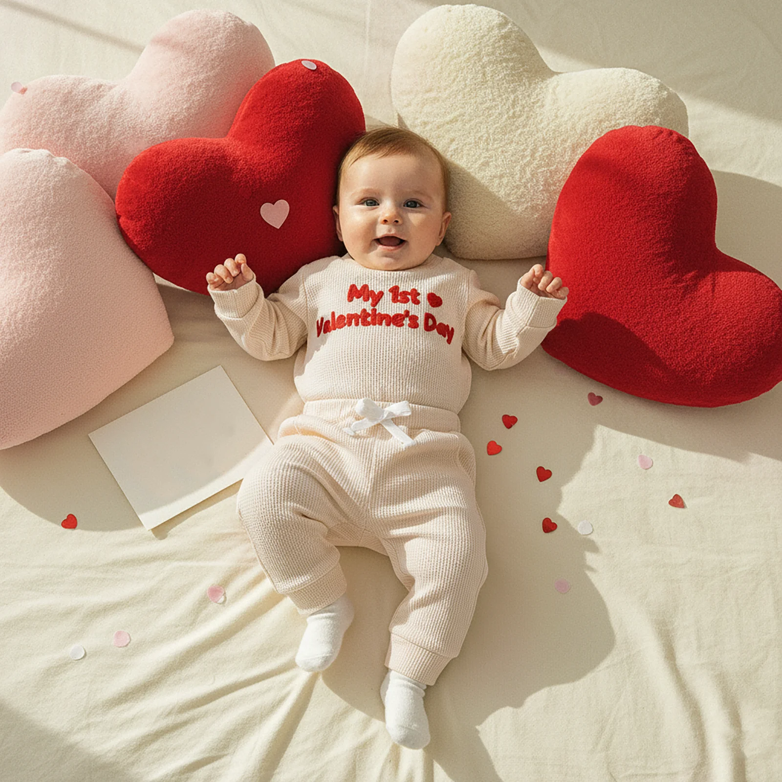 SUNSIOM Conjunto de pantalones con cordón y mameluco bordado con letras y cuello redondo de manga larga para el día de San Valentín para bebés