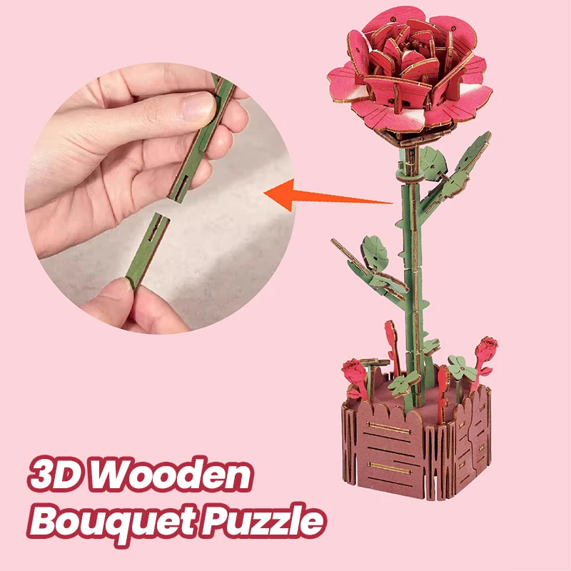 Bloques de rompecabezas 3D de arte de madera, artesanías de flores, ramo de ensamblaje, decoración de escritorio, rompecabezas para niños, modelo de ensamblaje, regalo de Navidad para novia