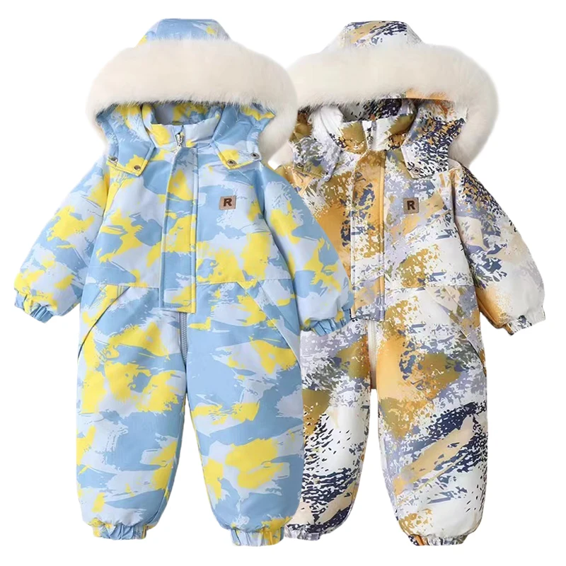 Traje de esquí de invierno para bebé, mono grueso para bebé, conjunto de ropa cálida para niños, monos impermeables con capucha para niños, nuevo traje de nieve para niñas