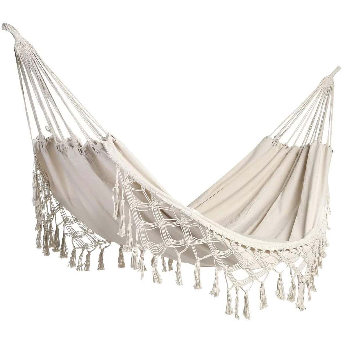Hamaca bebé de algodón orgánico con flecos de macramé