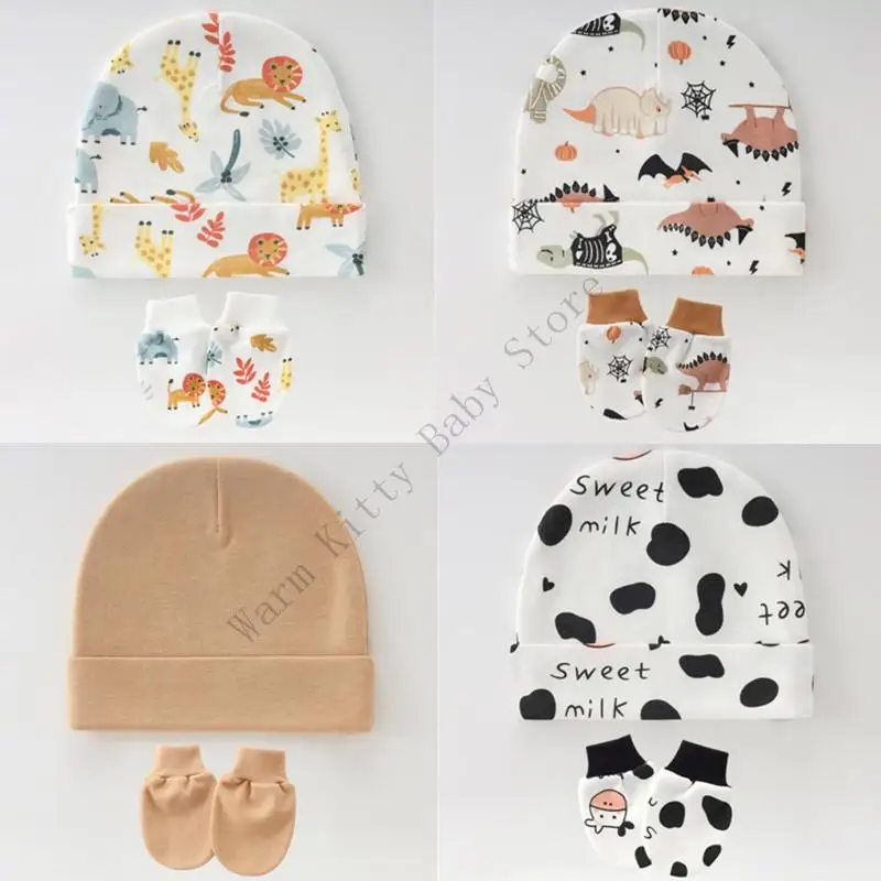 3 juegos de gorro y guantes de algodón suave con estampado bonito para bebé, gorros de Hospital Unisex para primavera y verano, guantes antiarañazos para 0-6M - imagen 4