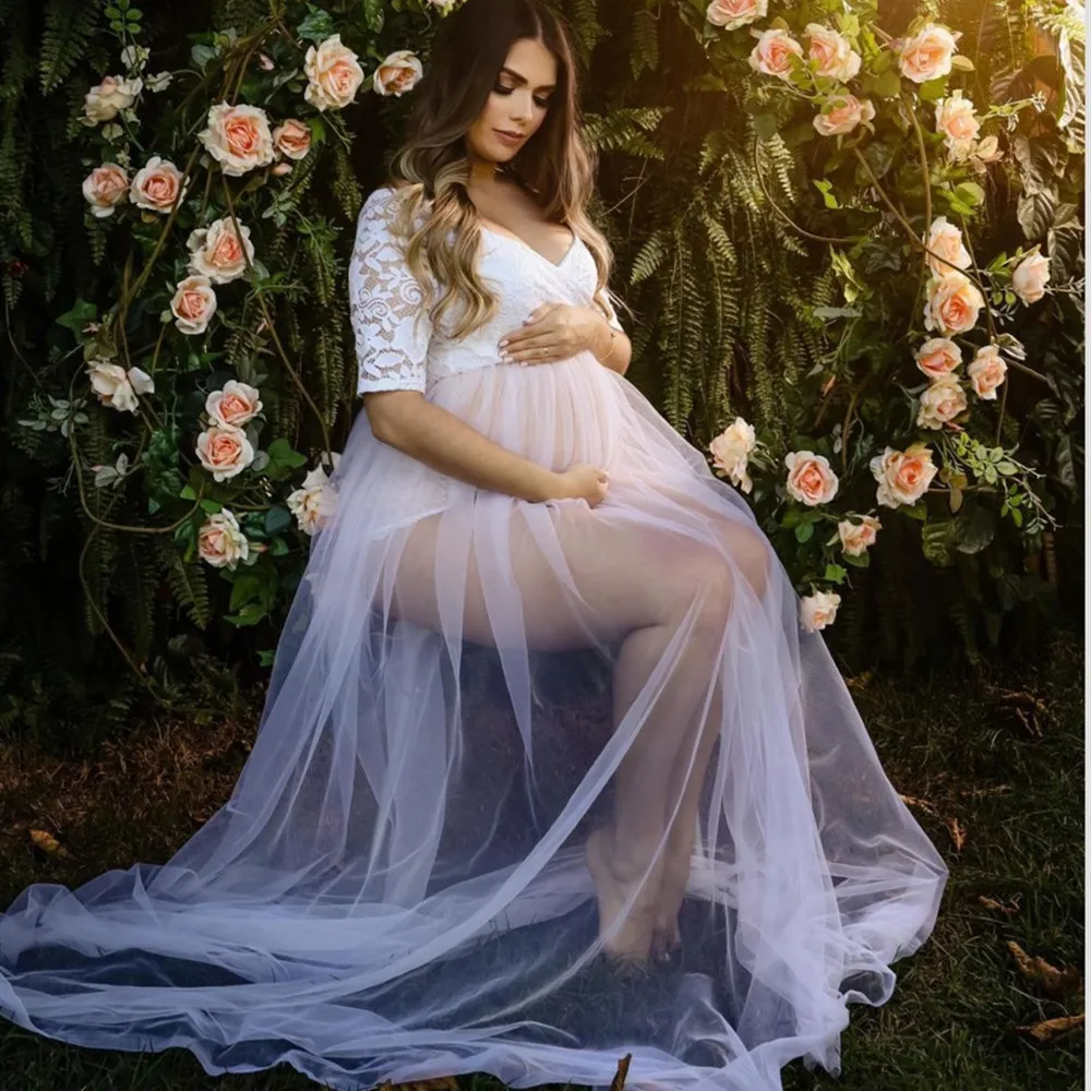 Vestido de maternidad con hombros descubiertos de encaje, falda acampanada frontal dividida, vestido largo transparente para embarazo para sesión de fotos, Baby Shower