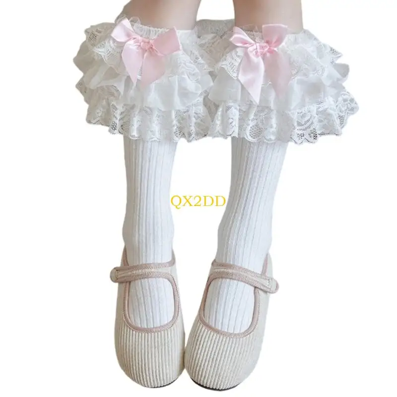 QX2D Calcetines para niños con temática lazo, calcetines elásticos algodón peinado a rayas anchas y coloridas reforzadas - imagen 2