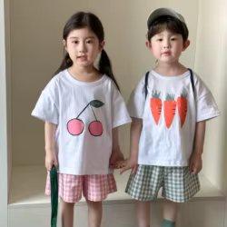 2 unids/set de camisetas para niños, Tops y pantalones cortos informales de verano para niños, camisetas de manga corta con estampado de frutas, camisas para niñas y niños para bebés