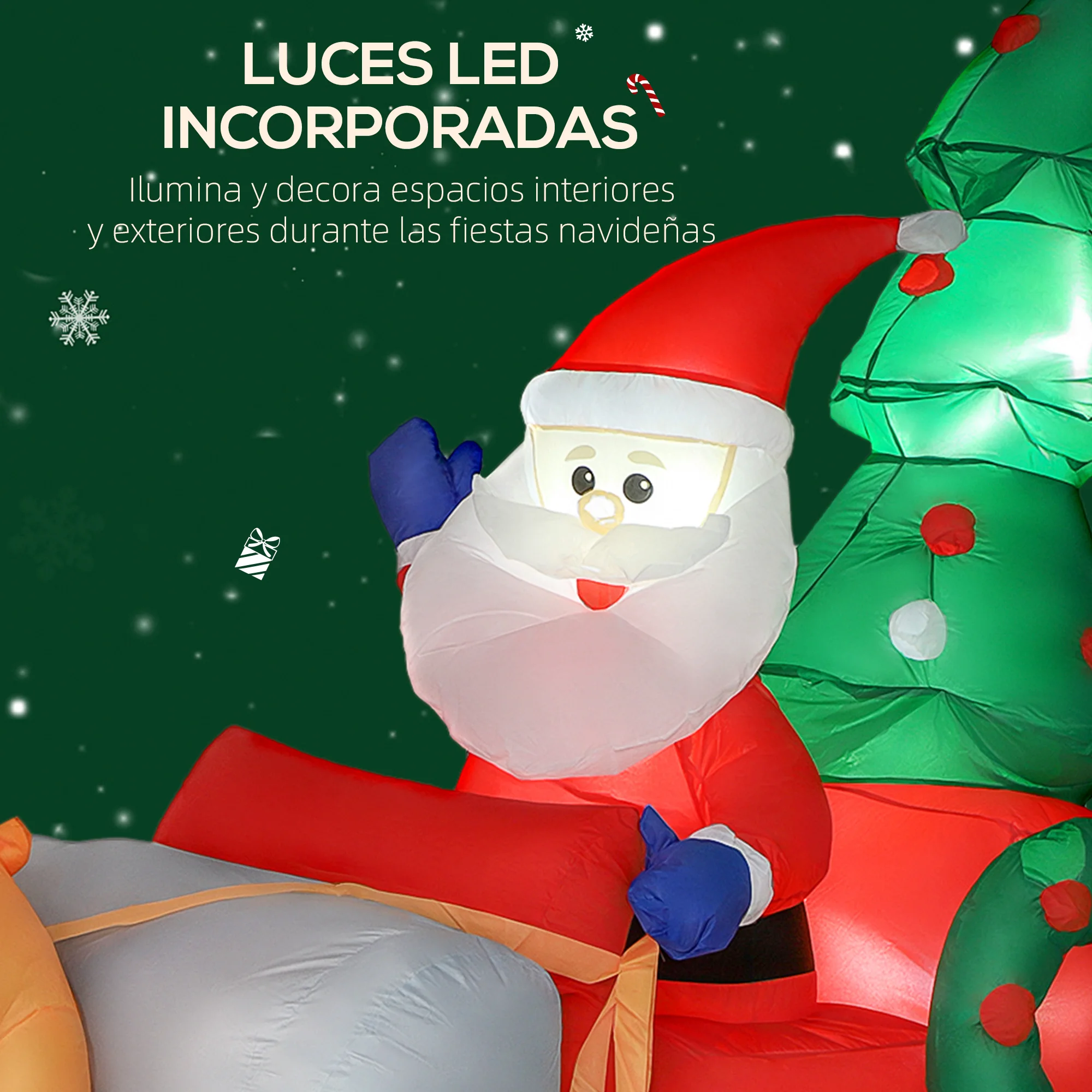 Outsunny Papá Noel Hinchable con Trineo, Renos y Árbol, Inflables de Navidad con Luces LED, Decoración de Navidad para Exterior e Interior, 216x90x150 cm - imagen 4