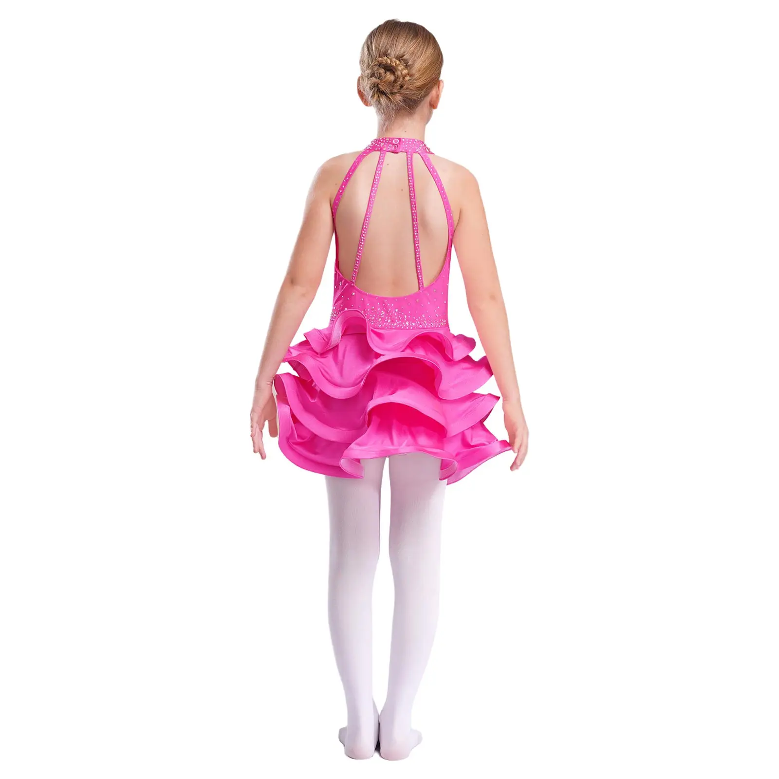 Vestido de baile de Jazz latino para niñas, disfraz de actuación sin mangas, Espalda descubierta, diamantes de imitación brillantes, vestido de tutú lírico de Ballet escalonado - imagen 4
