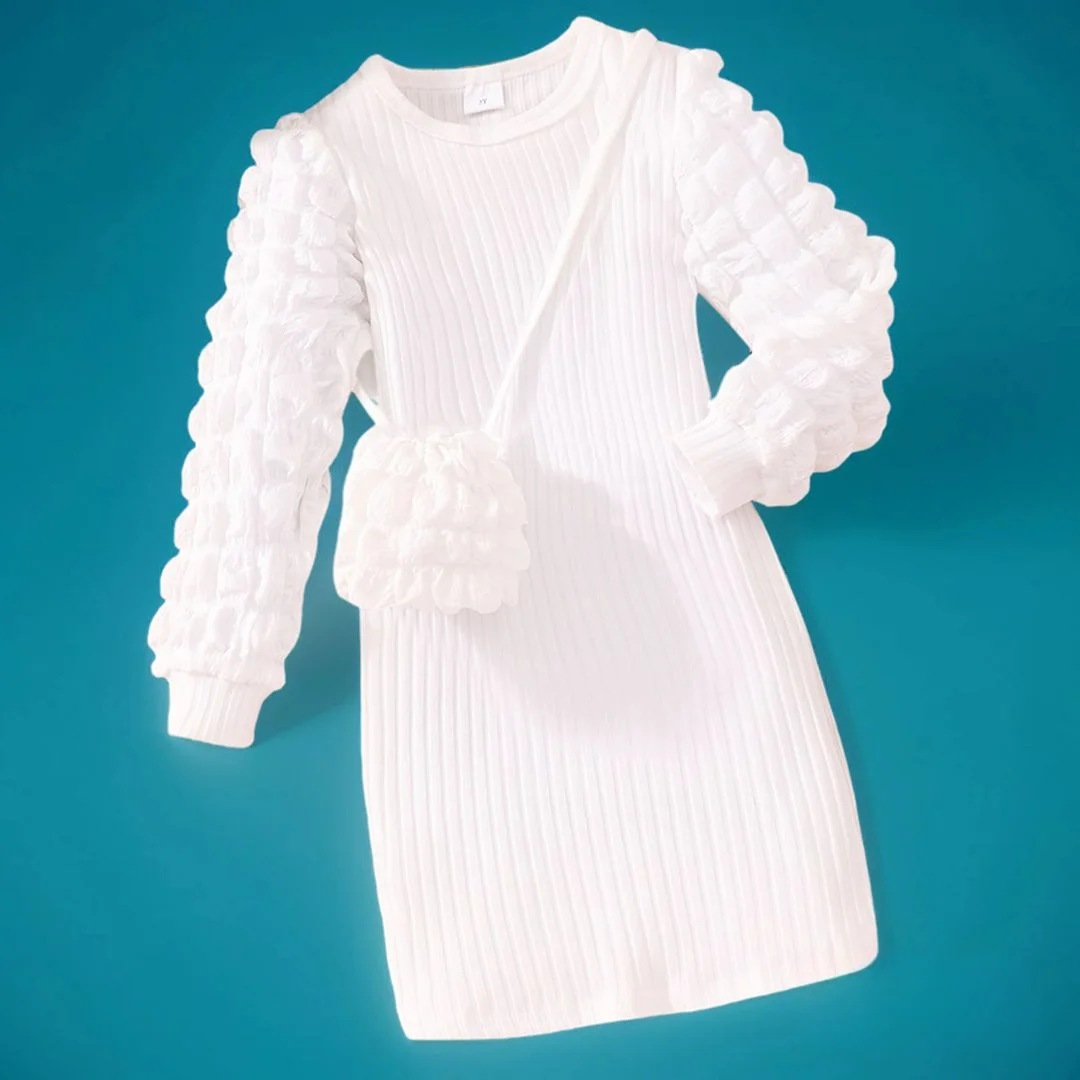 Vestido de primavera para niñas, manga larga abombada, Color blanco sólido, ropa informal para niños, regalo de cumpleaños, vestido hermoso para niñas de 3 a 7 años, 2024 - imagen 2