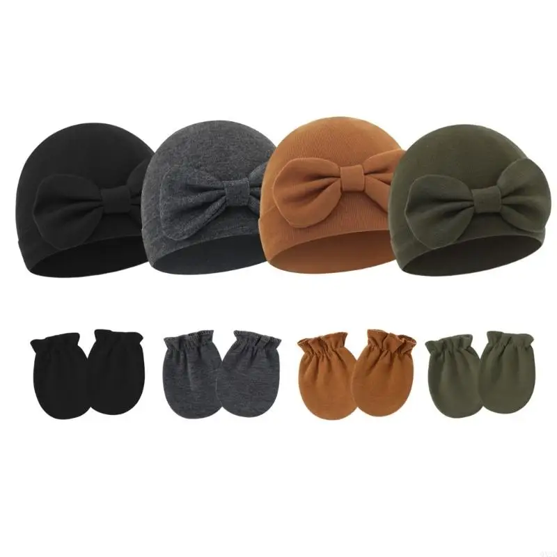 Sombrero con lazo de primavera 2025 con guantes antiarañazos para bebés, gorros de hospital para bebés - imagen 4