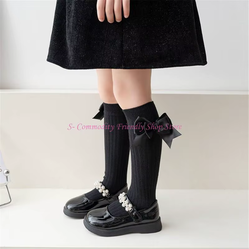 85AE Calcetines algodón hasta rodilla lazo cintas niñas vuelta al cole - imagen 2