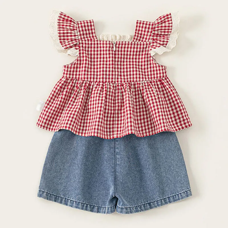 Ropa de verano para niño niña, 2 piezas, moda coreana a cuadros, Tops sin mangas de color rojo cereza + pantalones cortos de mezclilla, ropa de Boutique para niño B095 - imagen 3