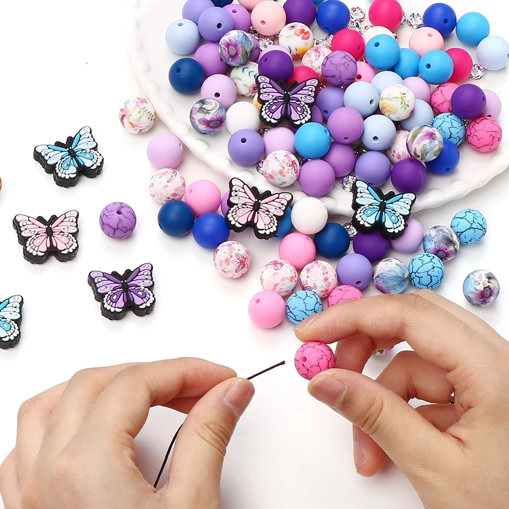 58 Uds nuevas cuentas focales de mariposa de silicona 15mm juegos de cuentas redondas de silicona para DIY cadena de chupete de bebé accesorios de pulsera mordedor - imagen 4