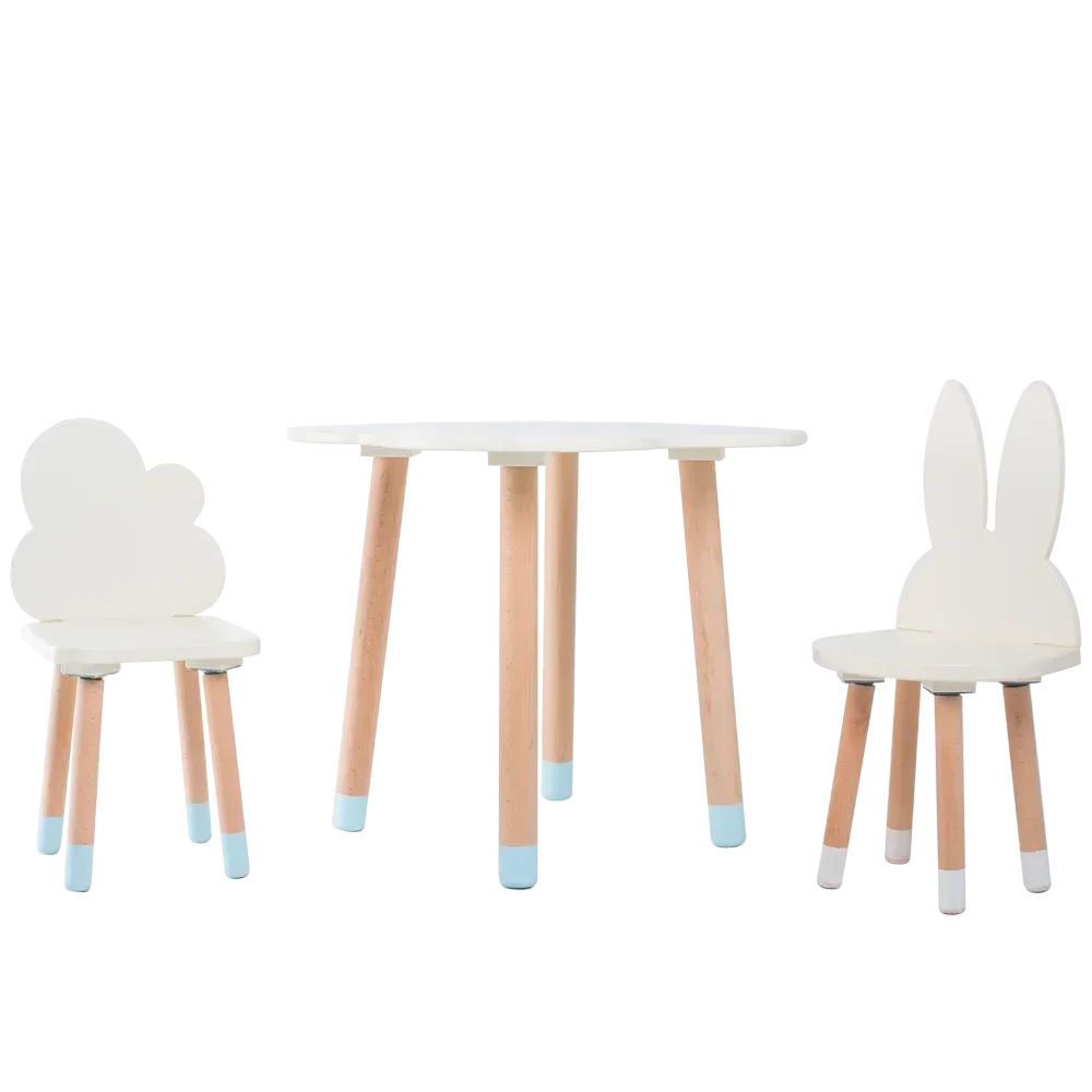 Venta caliente Juego de mesa y sillas de muebles para niños con diseño de conejo y nube de madera ecológicos