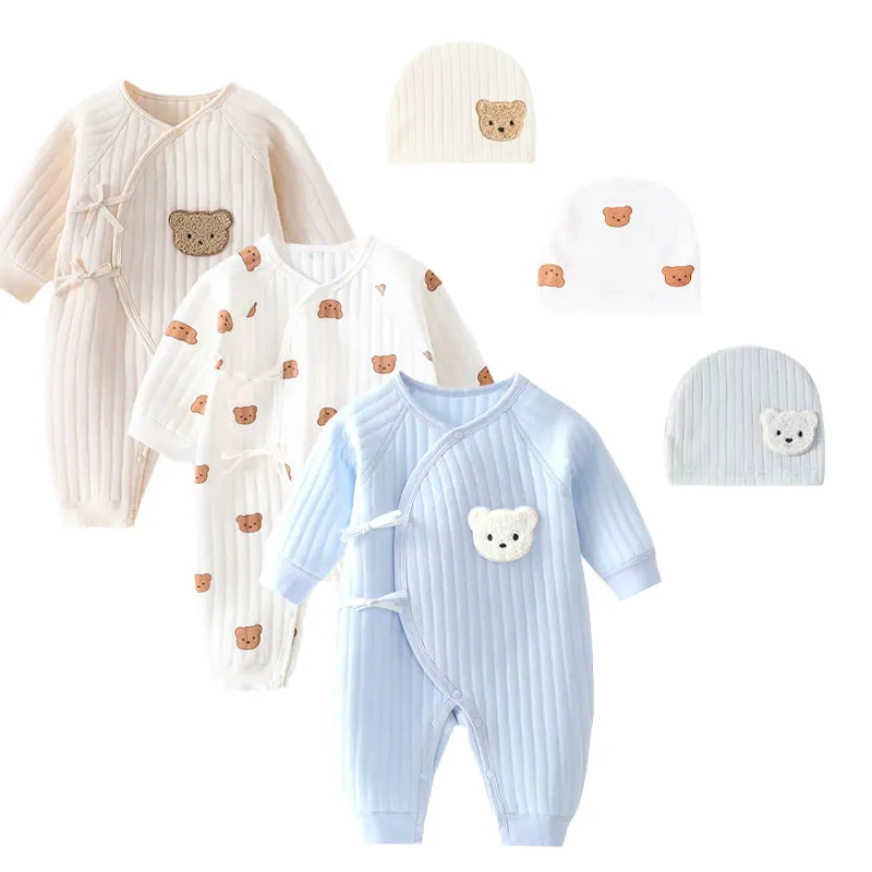 Body con sombrero para recién nacido, ropa de casa de 0 a 6M, gruesa, 100% algodón, para primavera y otoño, 3 piezas - imagen 4